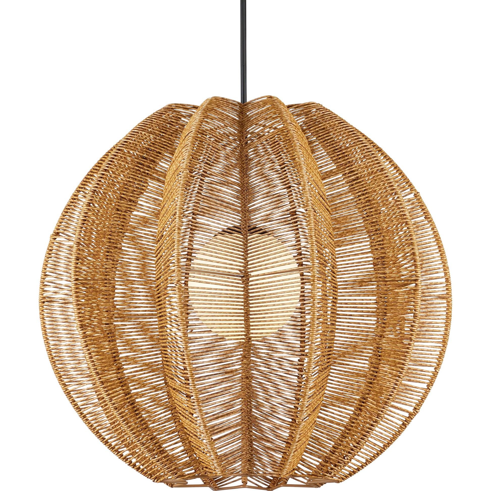 Barbary Fluted Outdoor Pendant by Currey and Company in natural, black, frosted white. Made from all-weather wicker, metal, glass in a rustic style.