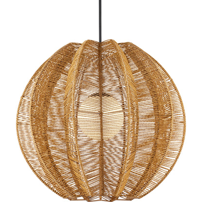Barbary Fluted Outdoor Pendant by Currey and Company in natural, black, frosted white. Made from all-weather wicker, metal, glass in a rustic style.