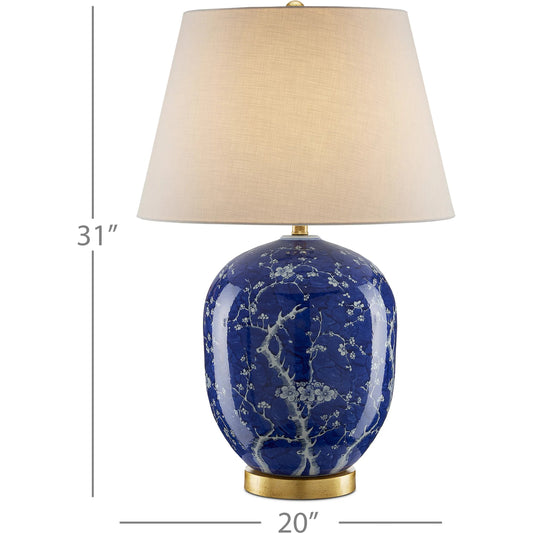 Sakura Table Lamp by Currey and Company in blue, white, gold leaf. Made from porcelain, steel in a transitional style.