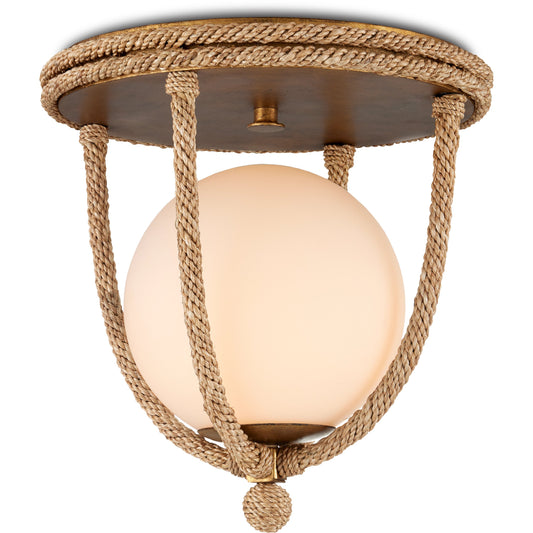 Passageway Flush Mount by Currey and Company in natural, dorado gold, frosted white. Made from abaca rope, wrought iron, glass in a coastal style.