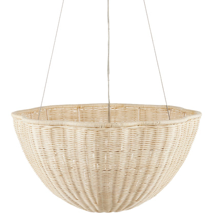 Telos Pendant by Currey and Company in bleached natural, vanilla. Made from rattan, wrought iron in a coastal style.