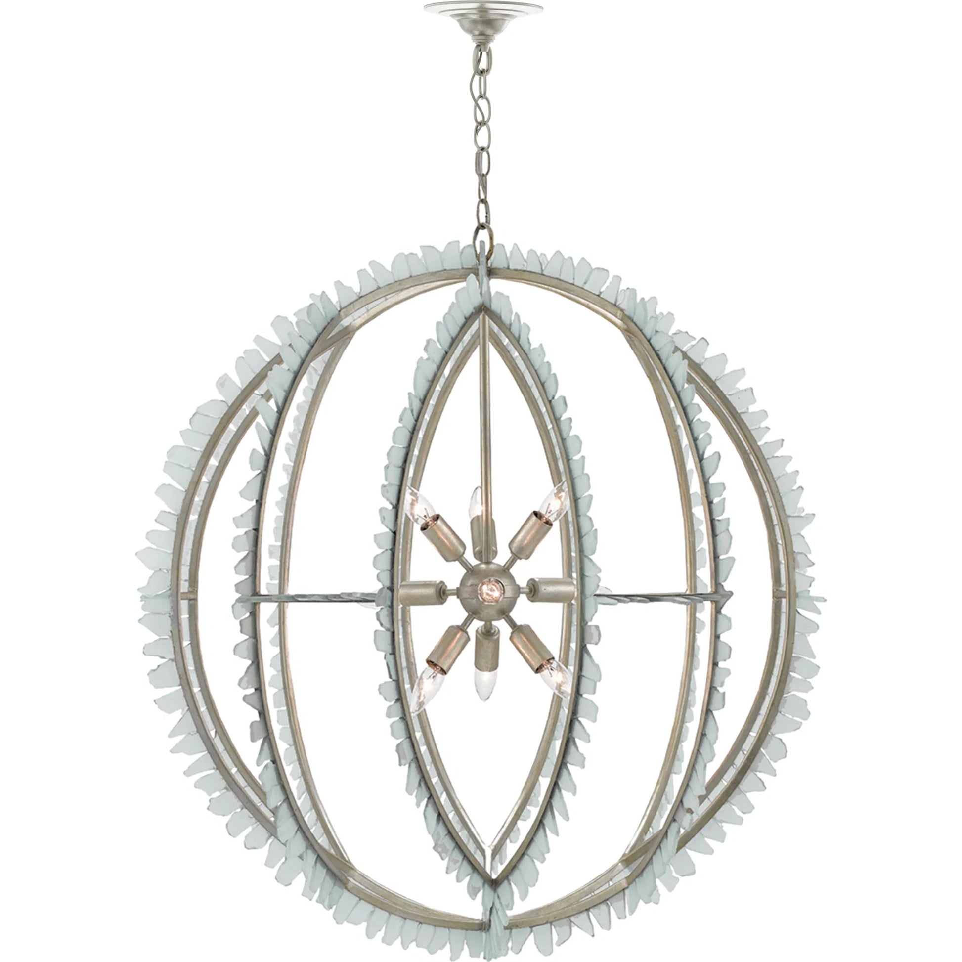 Saltwater Orb Chandelier by Currey and Company in contemporary silver leaf, seaglass. Made from wrought iron, glass in a coastal style.