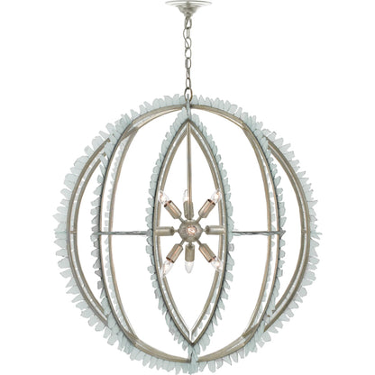 Saltwater Orb Chandelier by Currey and Company in contemporary silver leaf, seaglass. Made from wrought iron, glass in a coastal style.