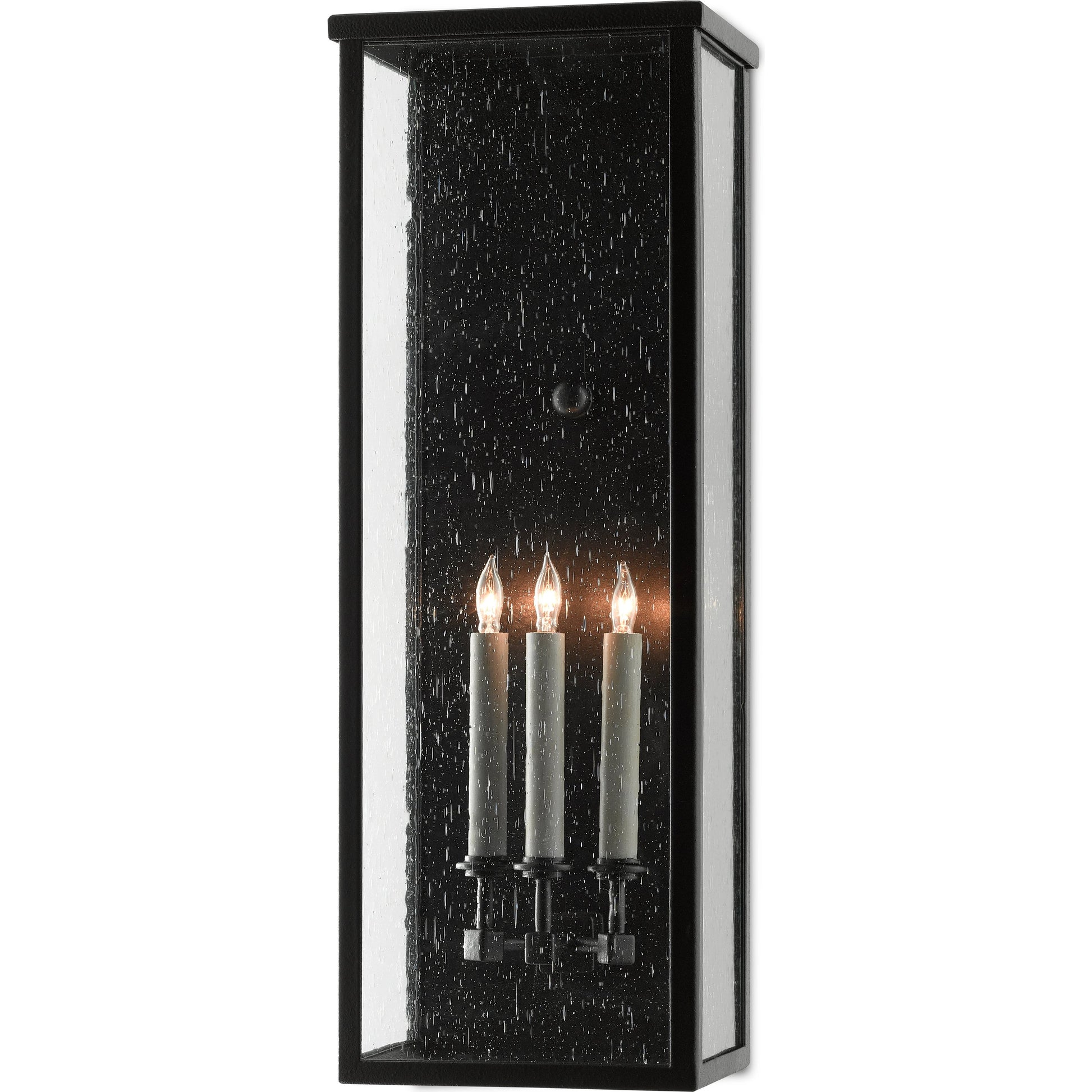 Tanzy Outdoor Wall Sconce by Currey and Company in midnight. Made from wrought iron, seeded glass in a transitional style.