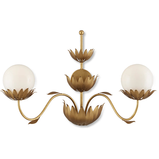 Mirasole Wall Sconce by Currey and Company in contemporary gold leaf, white. Made from wrought iron, glass in a traditional style.