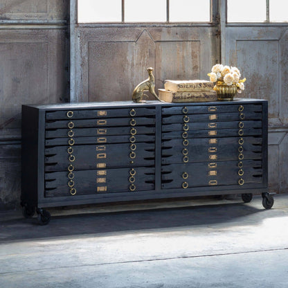 Printmakers Console 12 Drawers by Regina Andrew in ebony and vintage black. Made from mango wood in a eclectic & global style.