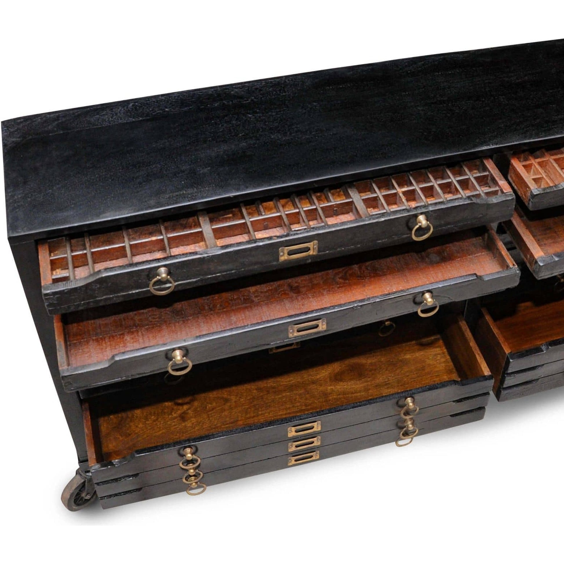 Printmakers Console 12 Drawers by Regina Andrew in ebony and vintage black. Made from mango wood in a eclectic & global style.