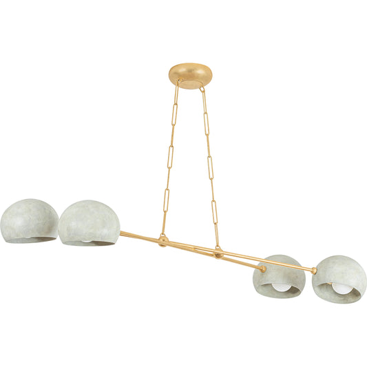 Turner Chandelier by Hudson Valley in vintage gold leaf, limewash plaster. Made from iron in a unique style.
