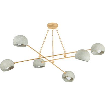 Turner Chandelier by Hudson Valley in vintage gold leaf, limewash plaster. Made from iron in a unique style.