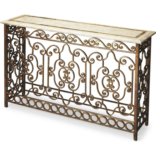 Contessa Iron & Fossil Stone Console Table by Butler Specialty Company in multi-color and metalworks. Made from wrought iron, plywood, white fossil stone, snakeskin stone in a modern style.