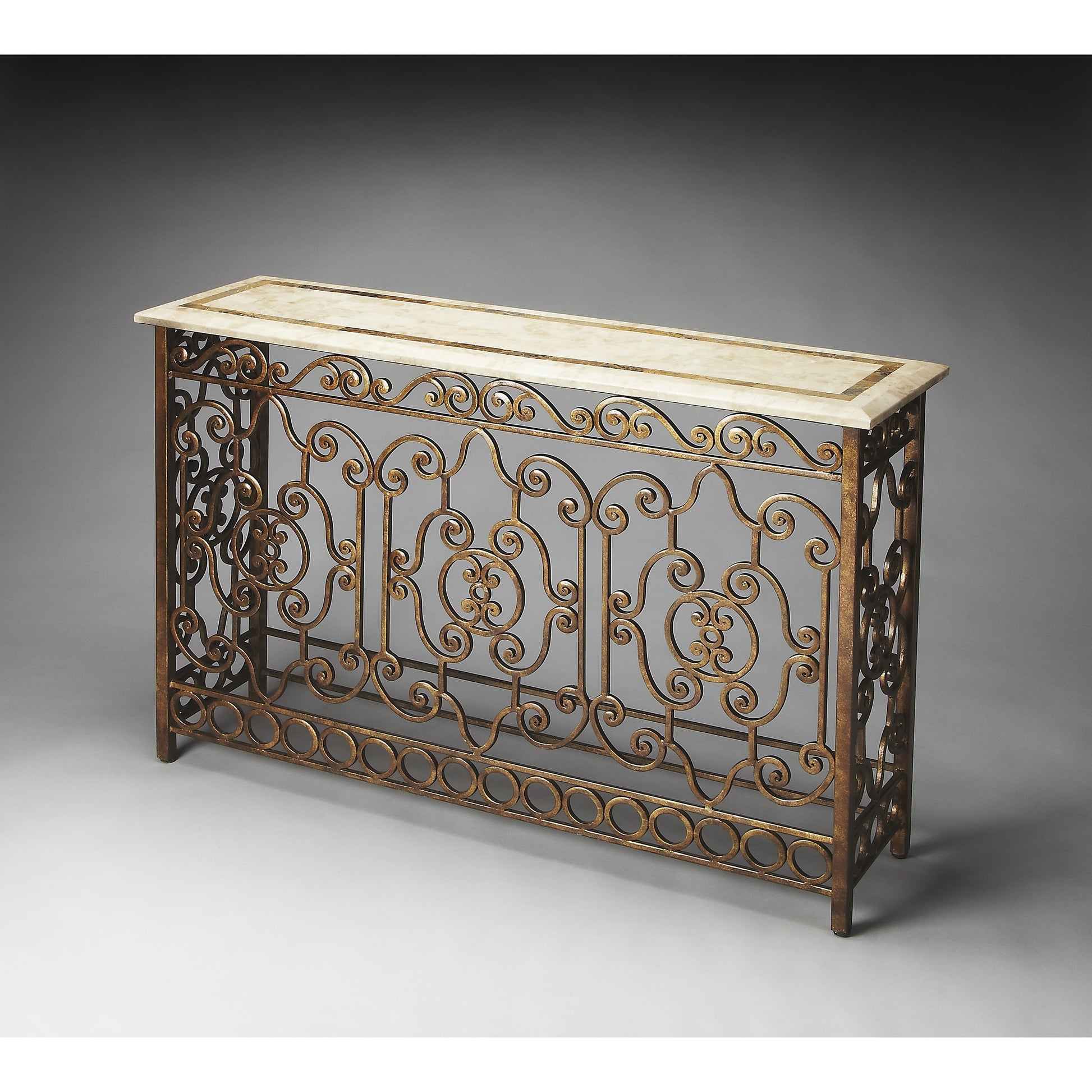 Contessa Iron & Fossil Stone Console Table by Butler Specialty Company in multi-color and metalworks. Made from wrought iron, plywood, white fossil stone, snakeskin stone in a modern style.