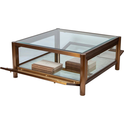 Apothecary Cocktail Table by Global Views in dark brass. Made from poplar, beveled glass in a transitional style.