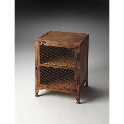Lucas Industrial Chic Chairside Chest by Butler Specialty Company in medium brown and metalworks. Made from iron in a modern style.