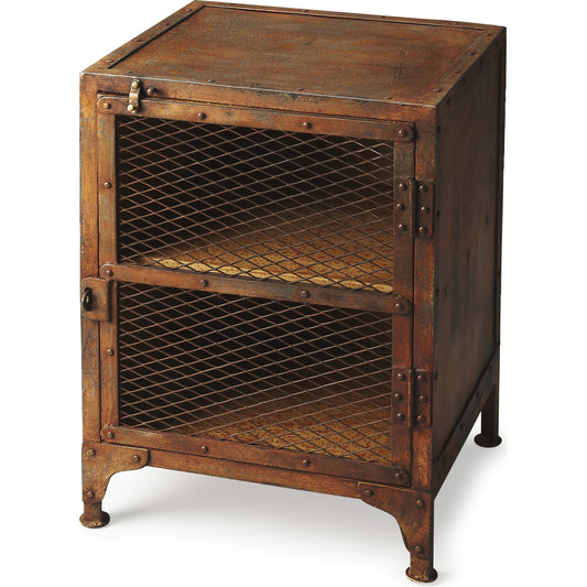 Lucas Industrial Chic Chairside Chest by Butler Specialty Company in medium brown and metalworks. Made from iron in a modern style.