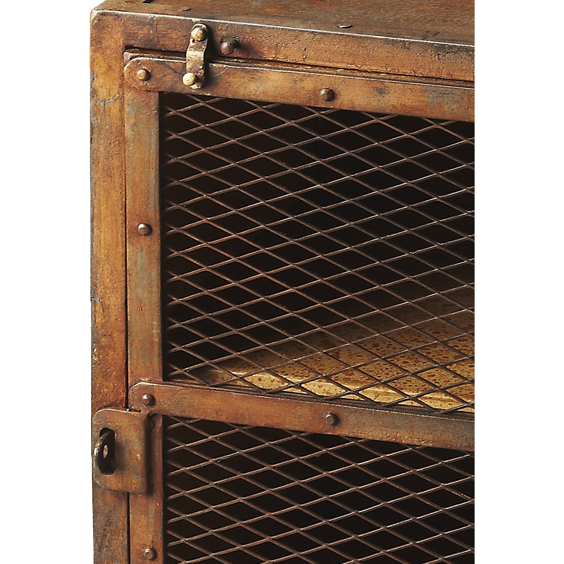 Lucas Industrial Chic Chairside Chest by Butler Specialty Company in medium brown and metalworks. Made from iron in a modern style.