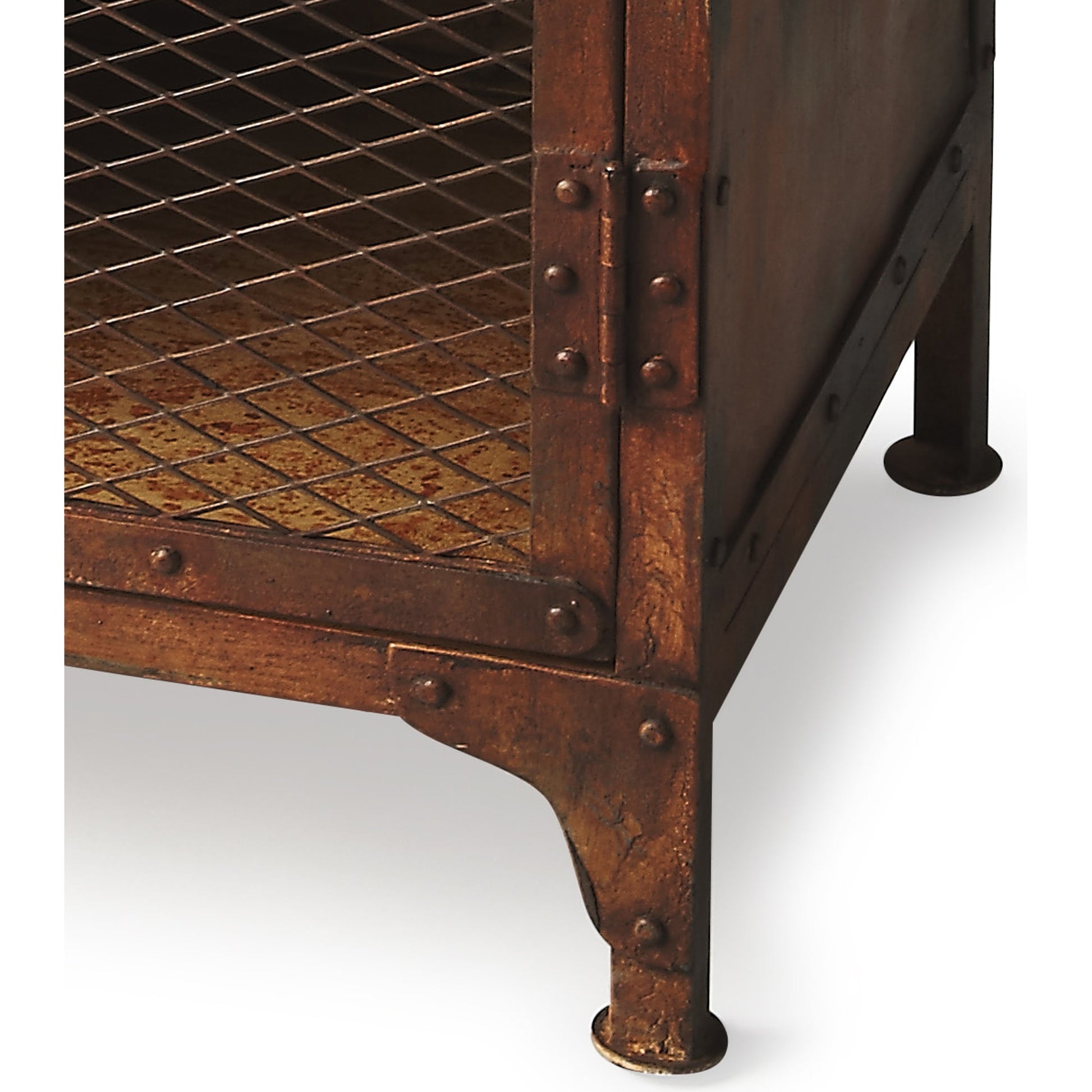 Lucas Industrial Chic Chairside Chest by Butler Specialty Company in medium brown and metalworks. Made from iron in a modern style.