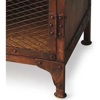 Lucas Industrial Chic Chairside Chest by Butler Specialty Company in medium brown and metalworks. Made from iron in a modern style.