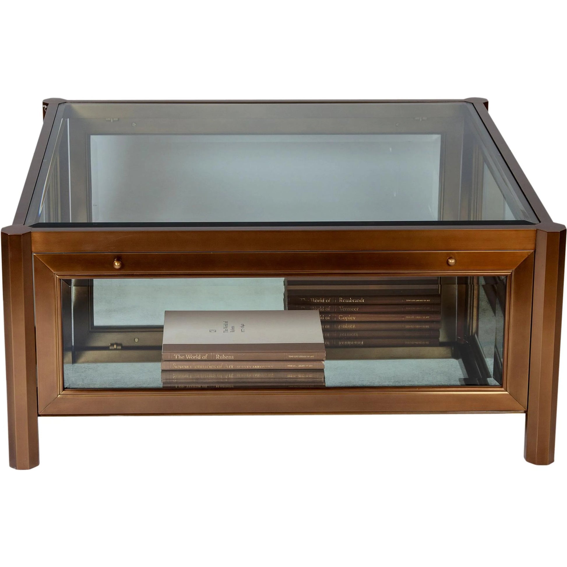 Apothecary Cocktail Table by Global Views in dark brass. Made from poplar, beveled glass in a transitional style.