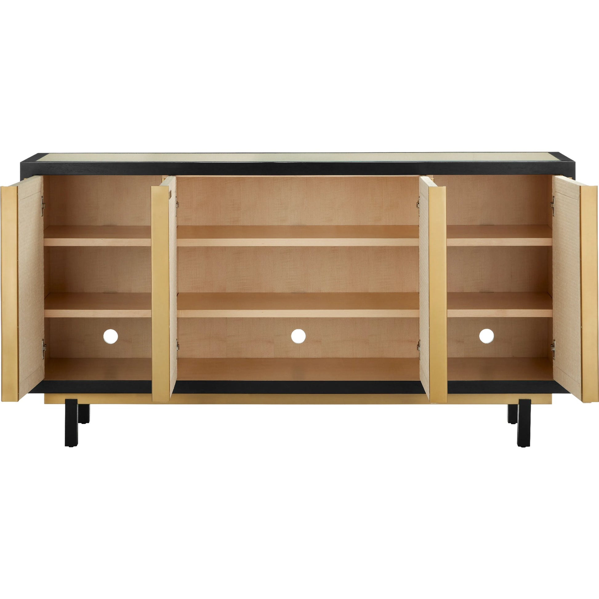 Deanna Raffia Credenza by Currey and Company in ivory, black, satin brass, natural, clear. Made from raffia, okume veneer, stainless steel, sycamore veneer, tempered glass in a modern style.