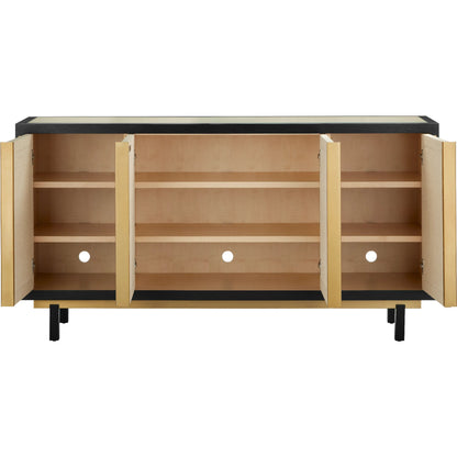Deanna Raffia Credenza by Currey and Company in ivory, black, satin brass, natural, clear. Made from raffia, okume veneer, stainless steel, sycamore veneer, tempered glass in a modern style.