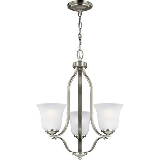 Emmons Three Light Chandelier by Visual Comfort & Co. in brushed nickel. Made from steel in a unique style.