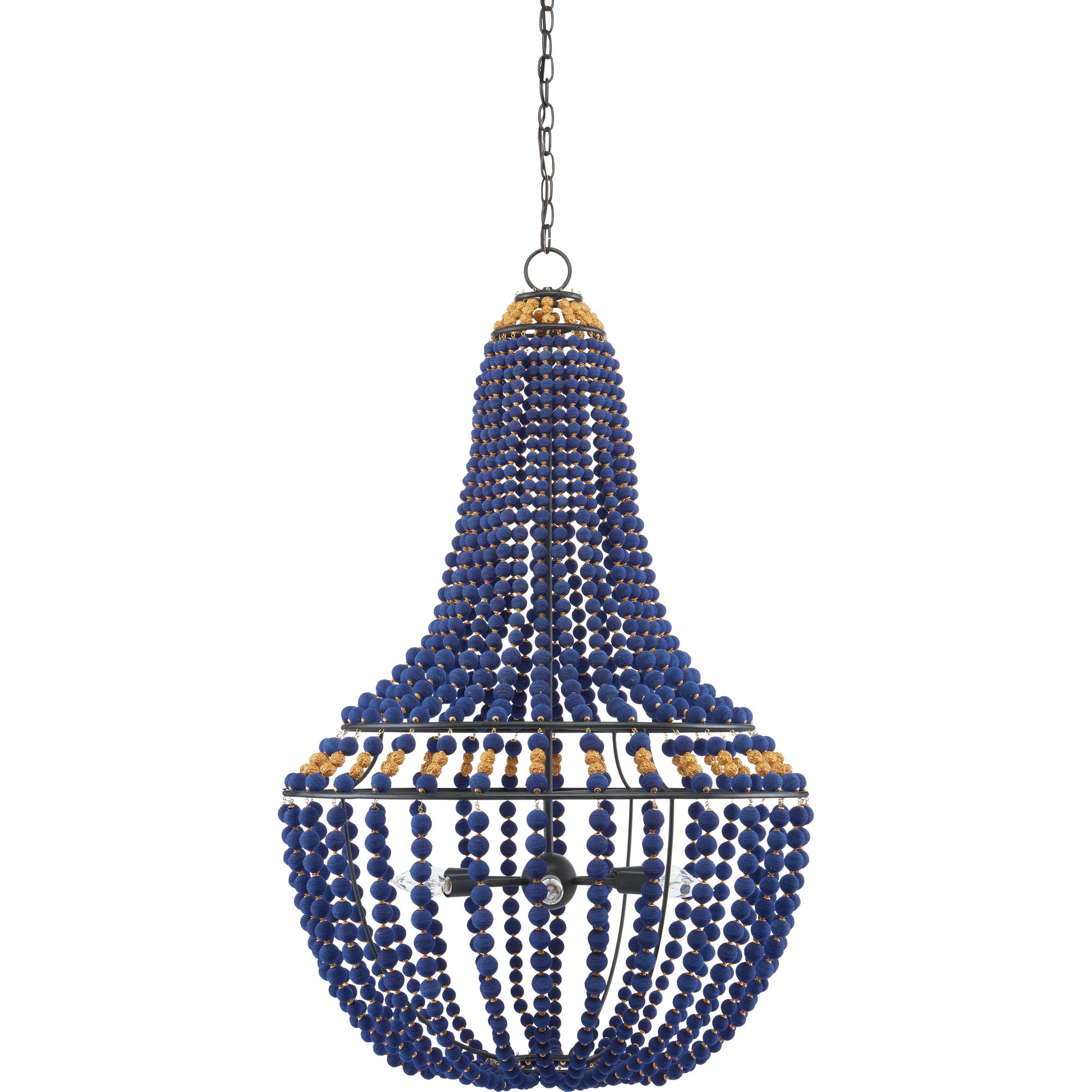 Penelope Chandelier by Currey and Company in beige, antique brass. Made from iron, fabric, brass in a coastal style.