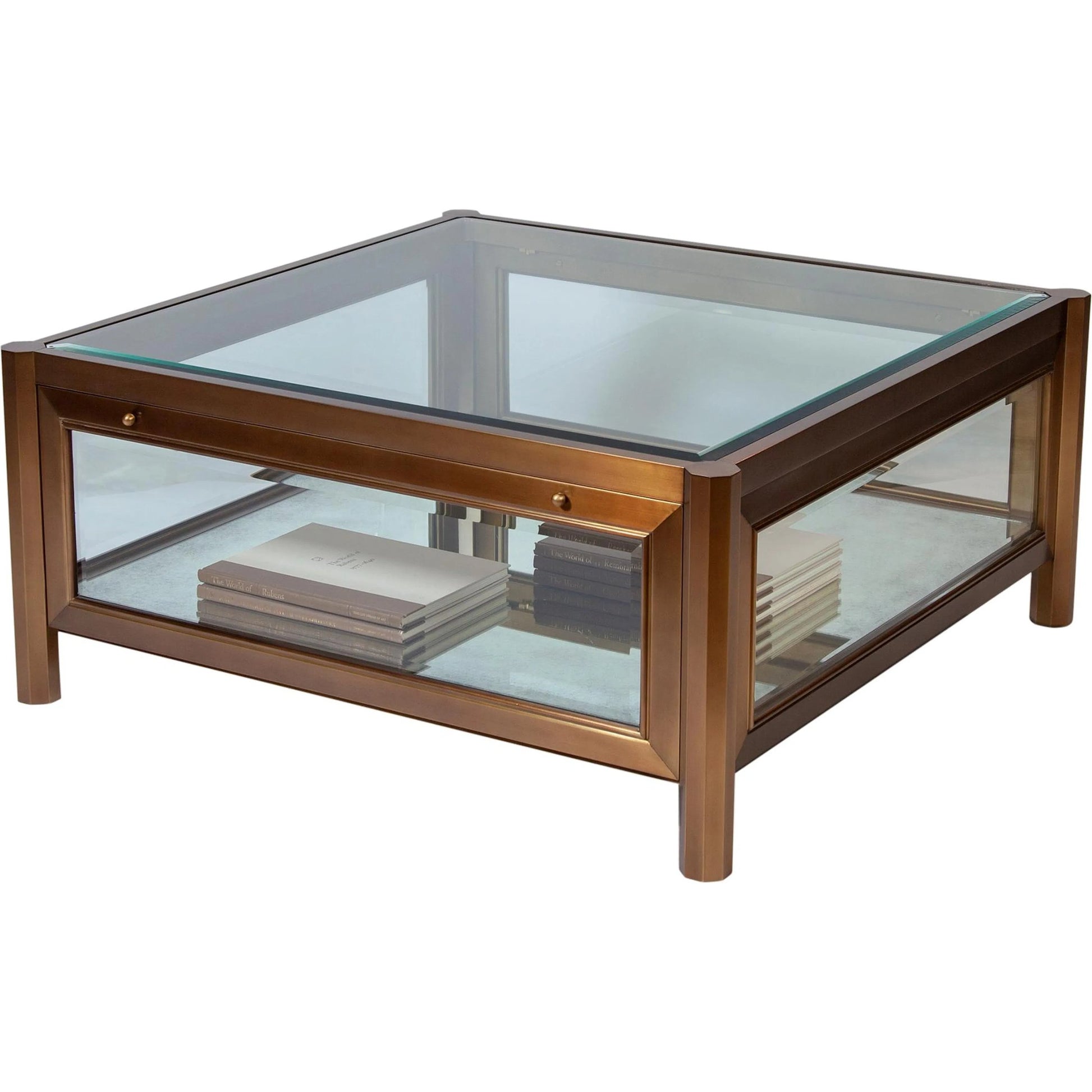 Apothecary Cocktail Table by Global Views in dark brass. Made from poplar, beveled glass in a transitional style.