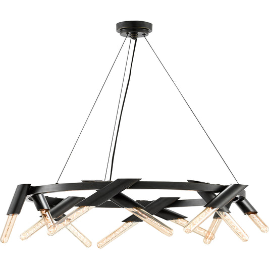Luciole Chandelier by Currey and Company in oil rubbed bronze. Made from metal, air craft cable in a modern style.
