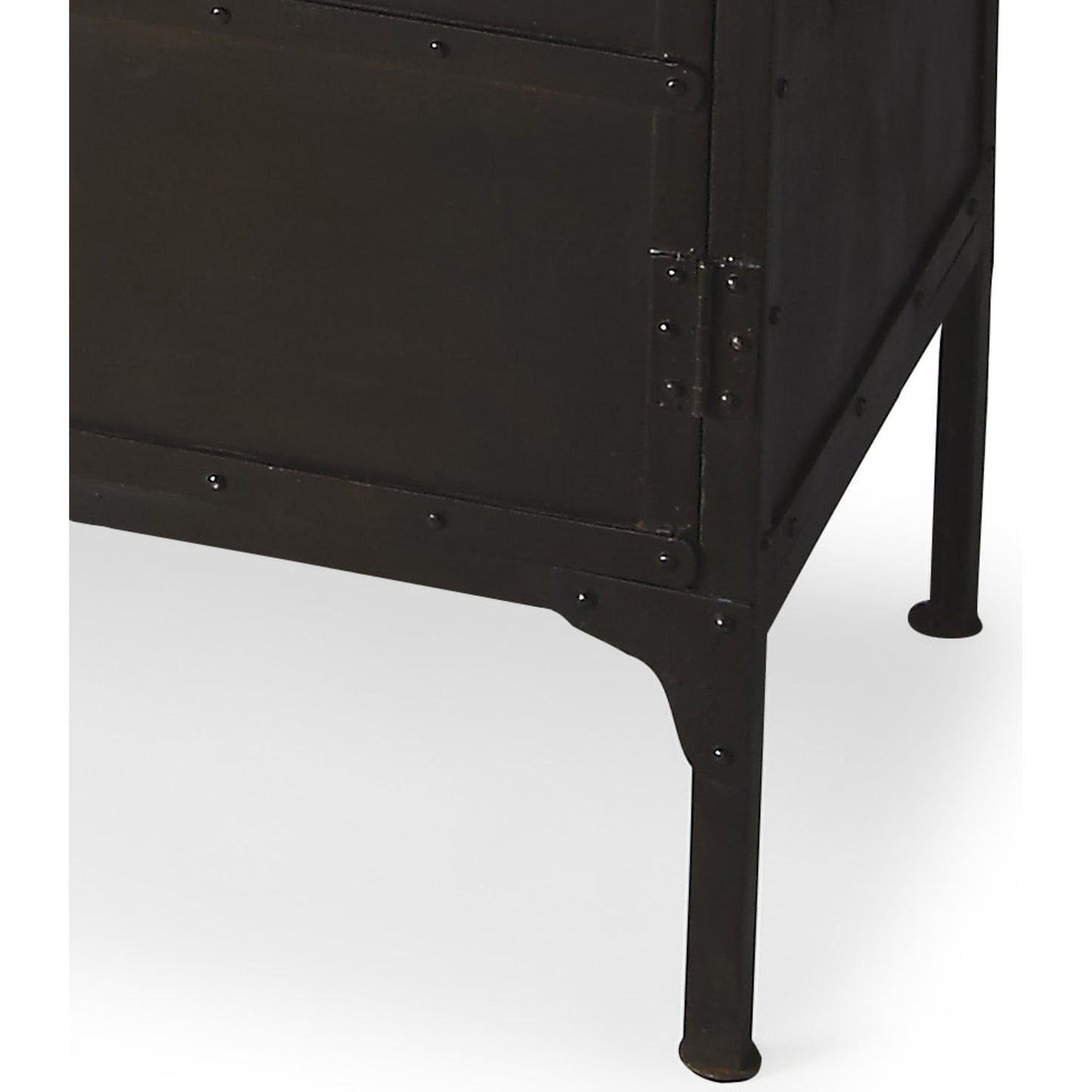 009 O-BUTLER-3164025 | Closeup | Owen Industrial Chic Console Cabinet by Butler Specialty Company in black and metalworks. Made from iron in a modern style.