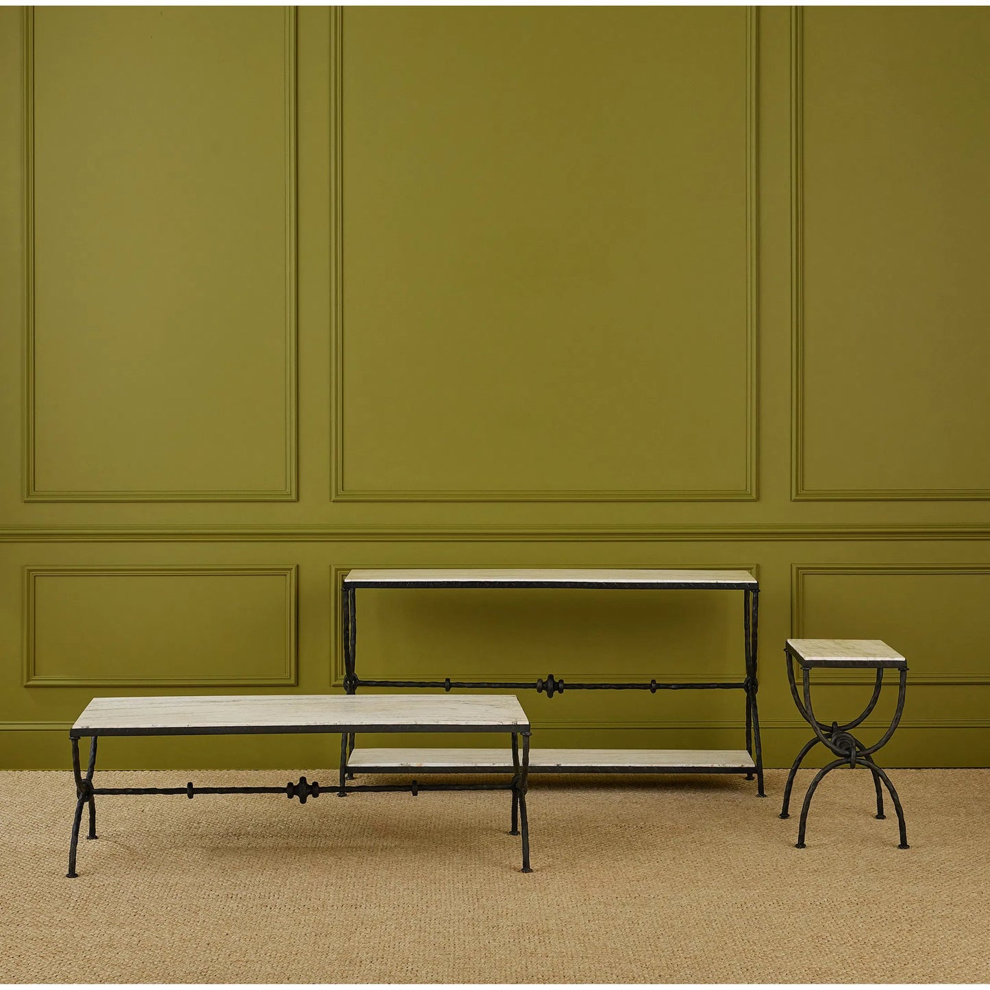 006 SI-2386930 | Lifestyle | Agora Cocktail Table by Currey and Company in natural, rustic bronze. Made from white travertine, wrought iron in a modern style.