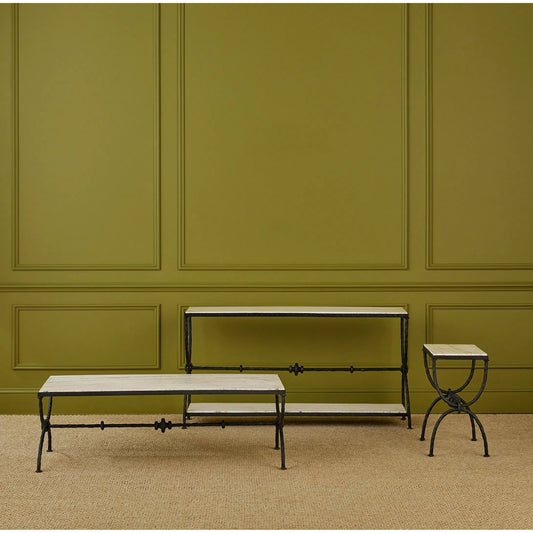 Agora Cocktail Table by Currey and Company in natural, rustic bronze. Made from white travertine, wrought iron in a unique style.