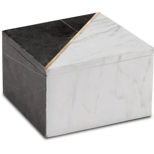 Deena Marble Box by Currey and Company in white, black, brass. Made from dolomite, marble, brass in a modern style.