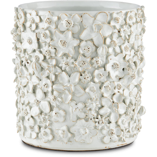Jessamine Cachepot by Currey and Company in white. Made from ceramic in a modern style.
