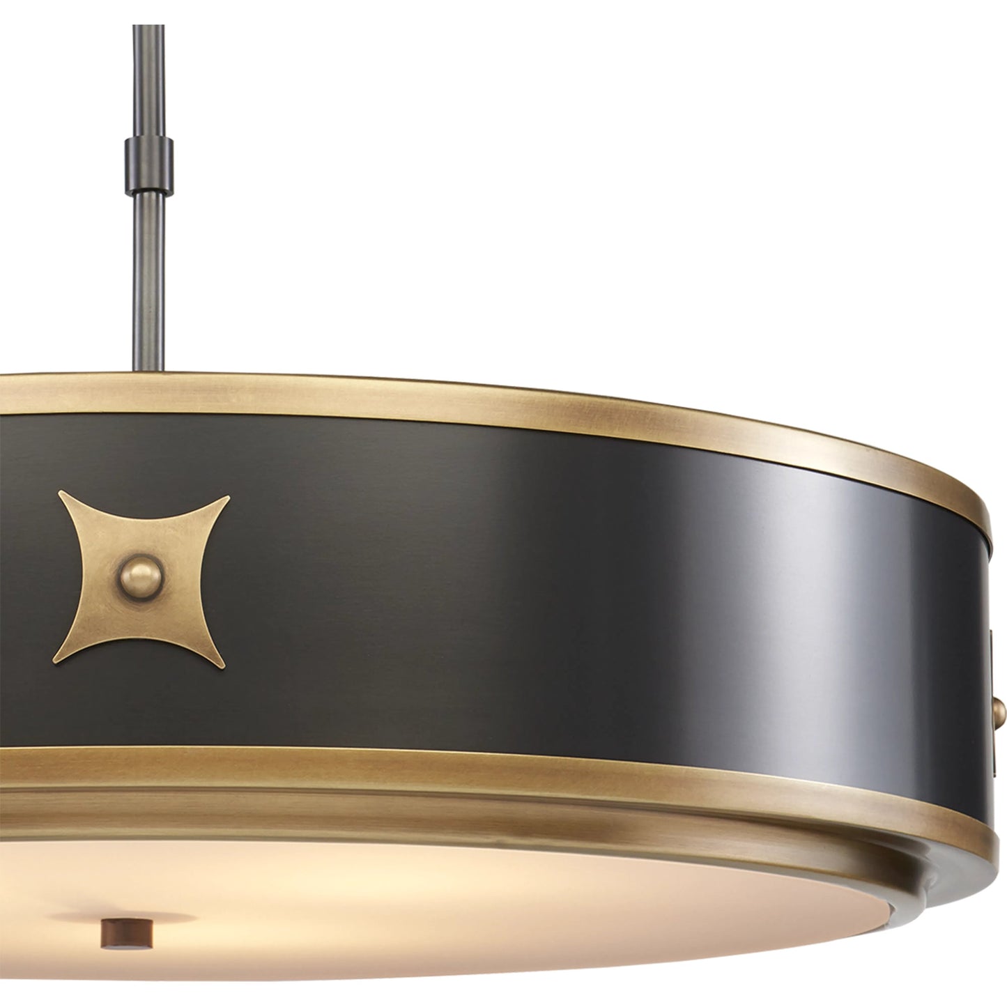 004 S-223637 | Closeup | Huntsman Semi-Flush Mount by Currey and Company in satin black, antique brass, white. Made from brass, glass in a modern style.