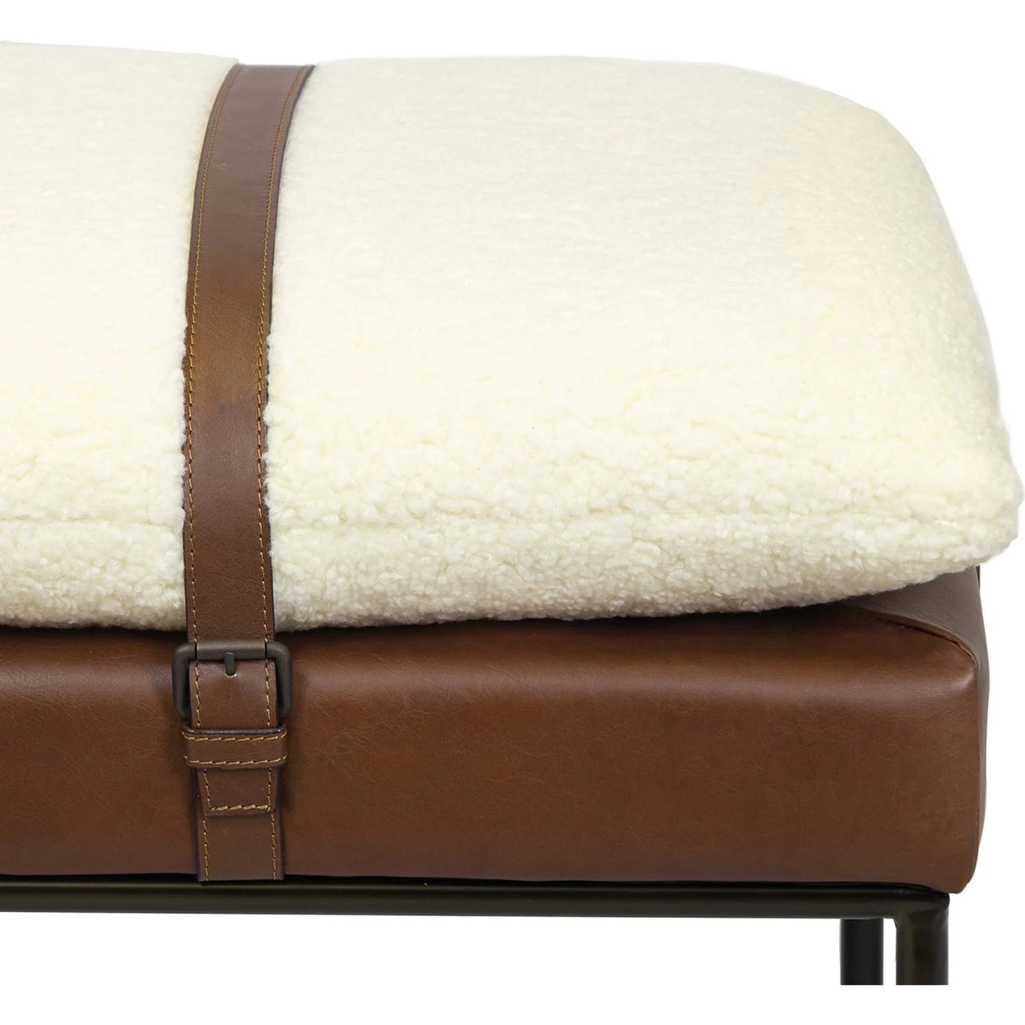 003 SI-2262866 | Closeup | Aspen Leather and Boucle Faux Wool Bench by Regina Andrew in white, brown. Made from fabric in a traditional style.