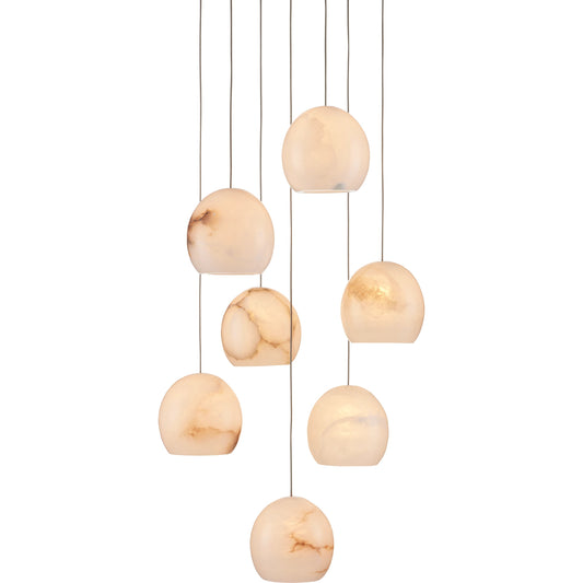 Lazio 7-LIGHT Multi-Drop Pendant by Currey and Company in natural, painted silver. Made from alabaster, metal in a modern style.