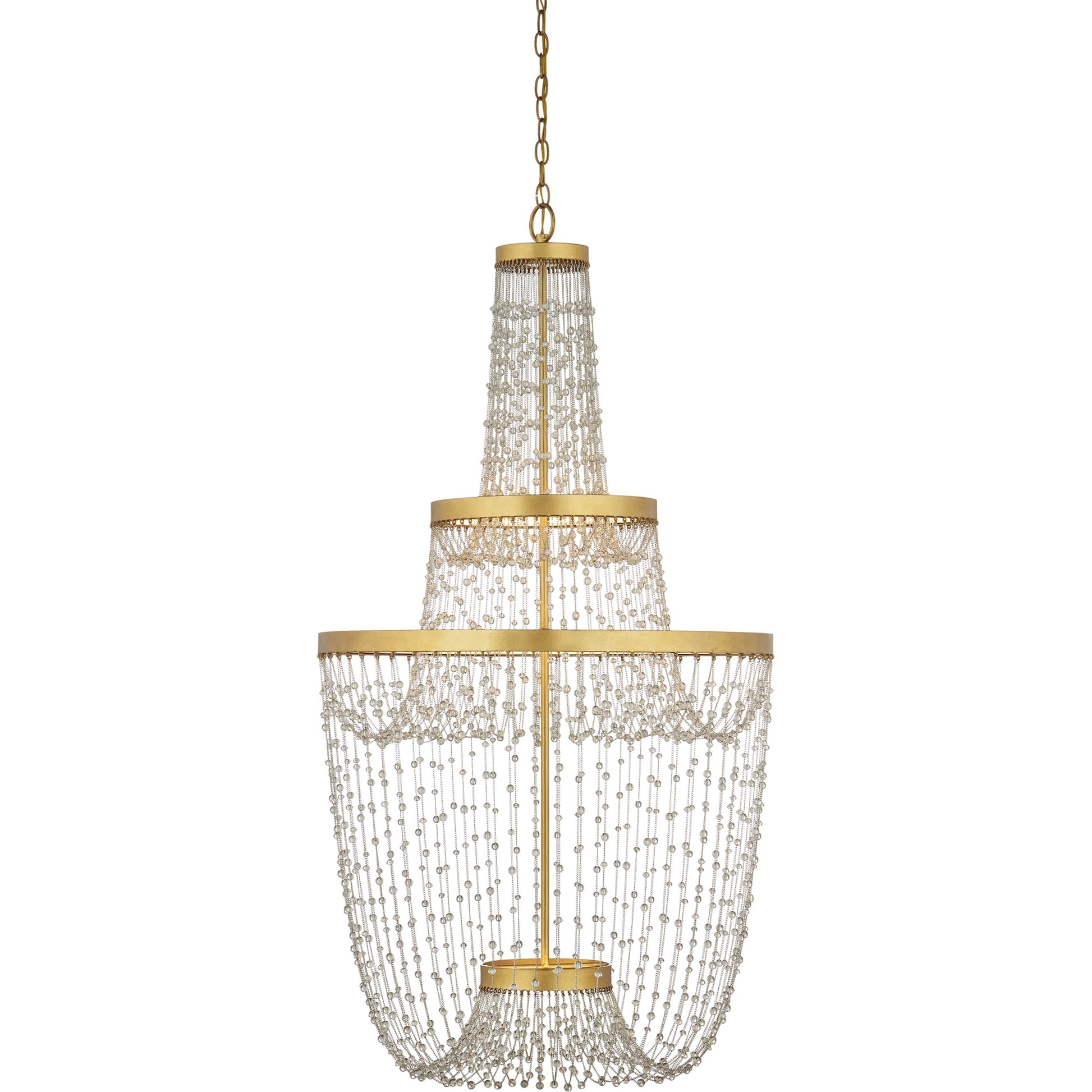 Mademoiselle Chandelier by Currey and Company in contemporary gold leaf, contemporary gold, clear. Made from glass beads, wrought iron in a unique style.