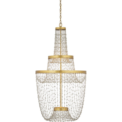 Mademoiselle Chandelier by Currey and Company in contemporary gold leaf, contemporary gold, clear. Made from glass beads, wrought iron in a unique style.