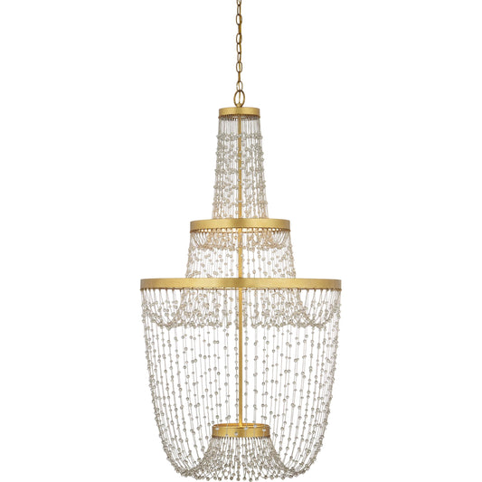 001 SI-2257409 | Primary Silo | Mademoiselle Chandelier by Currey and Company in contemporary gold leaf, contemporary gold, clear. Made from glass beads, wrought iron in a unique style.