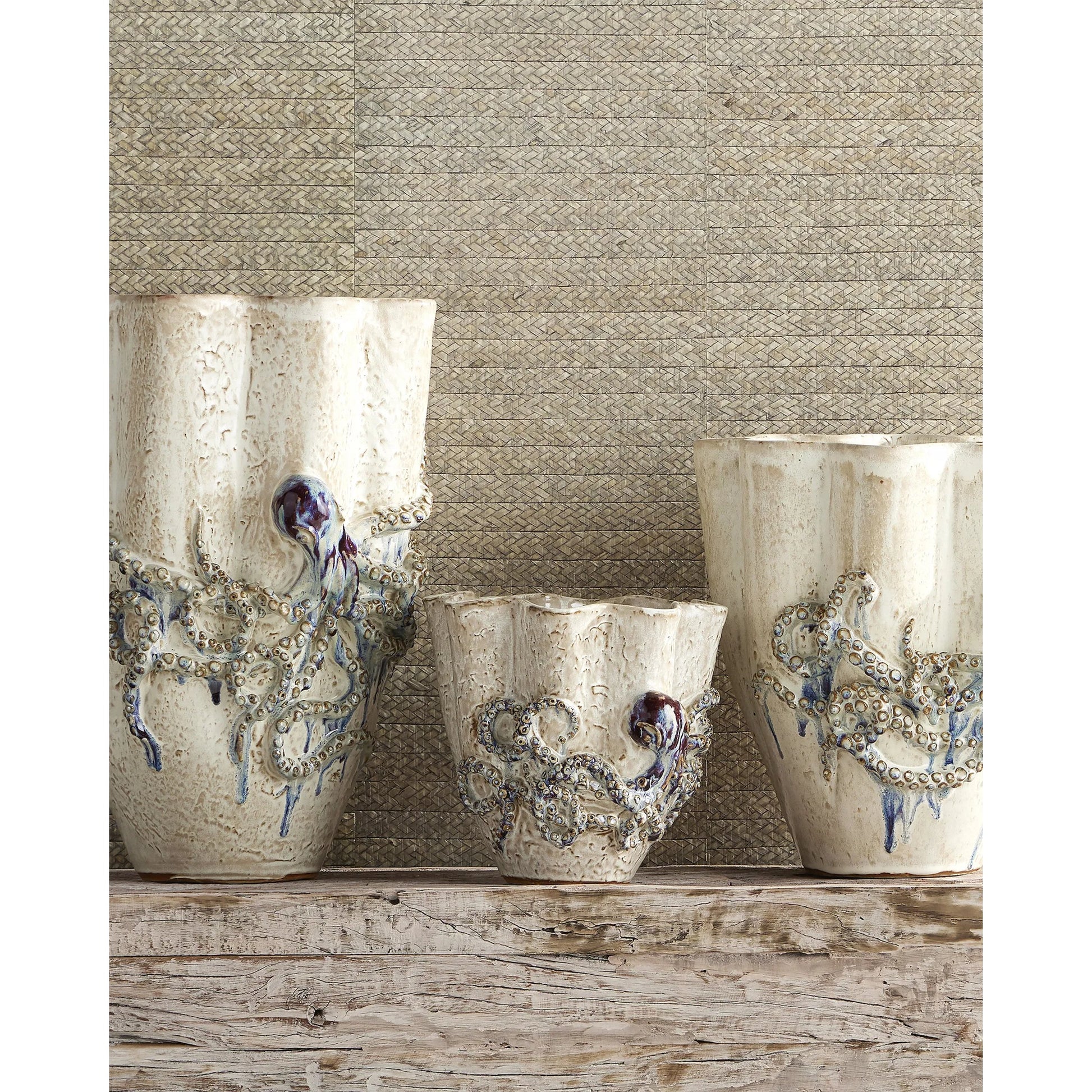 Octopus Vase by Currey and Company in cream, reactive blue. Made from ceramic in a coastal style.