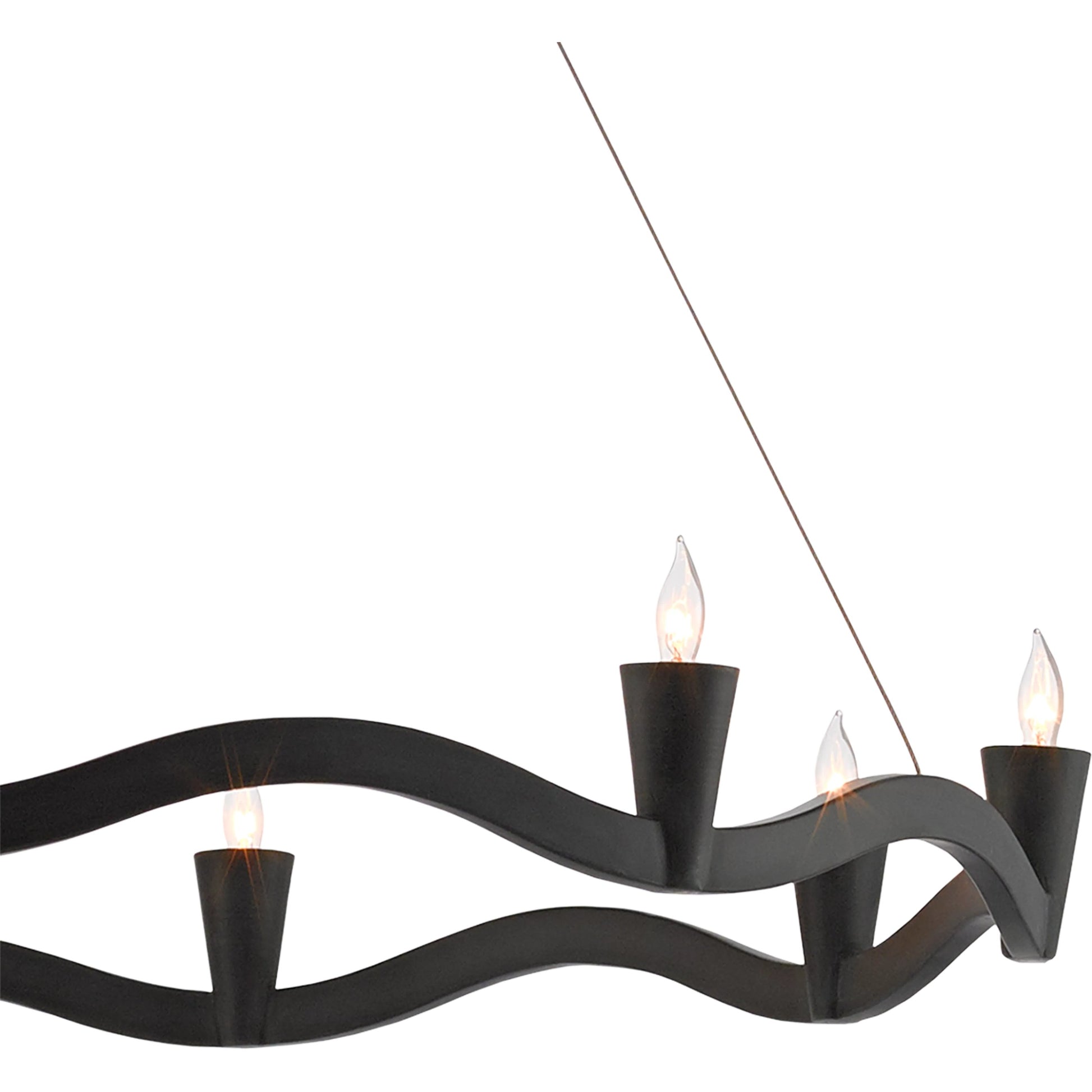 Serpentina Chandelier by Currey and Company in antique black. Made from wrought iron, air craft cable in a modern style.