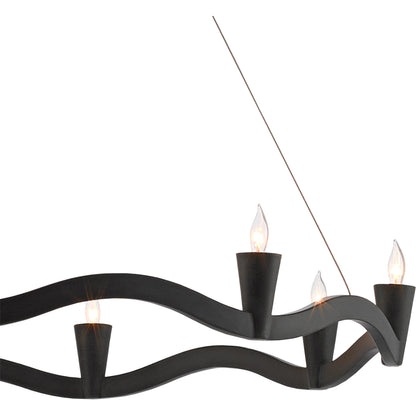 Serpentina Chandelier by Currey and Company in antique black. Made from wrought iron, air craft cable in a modern style.