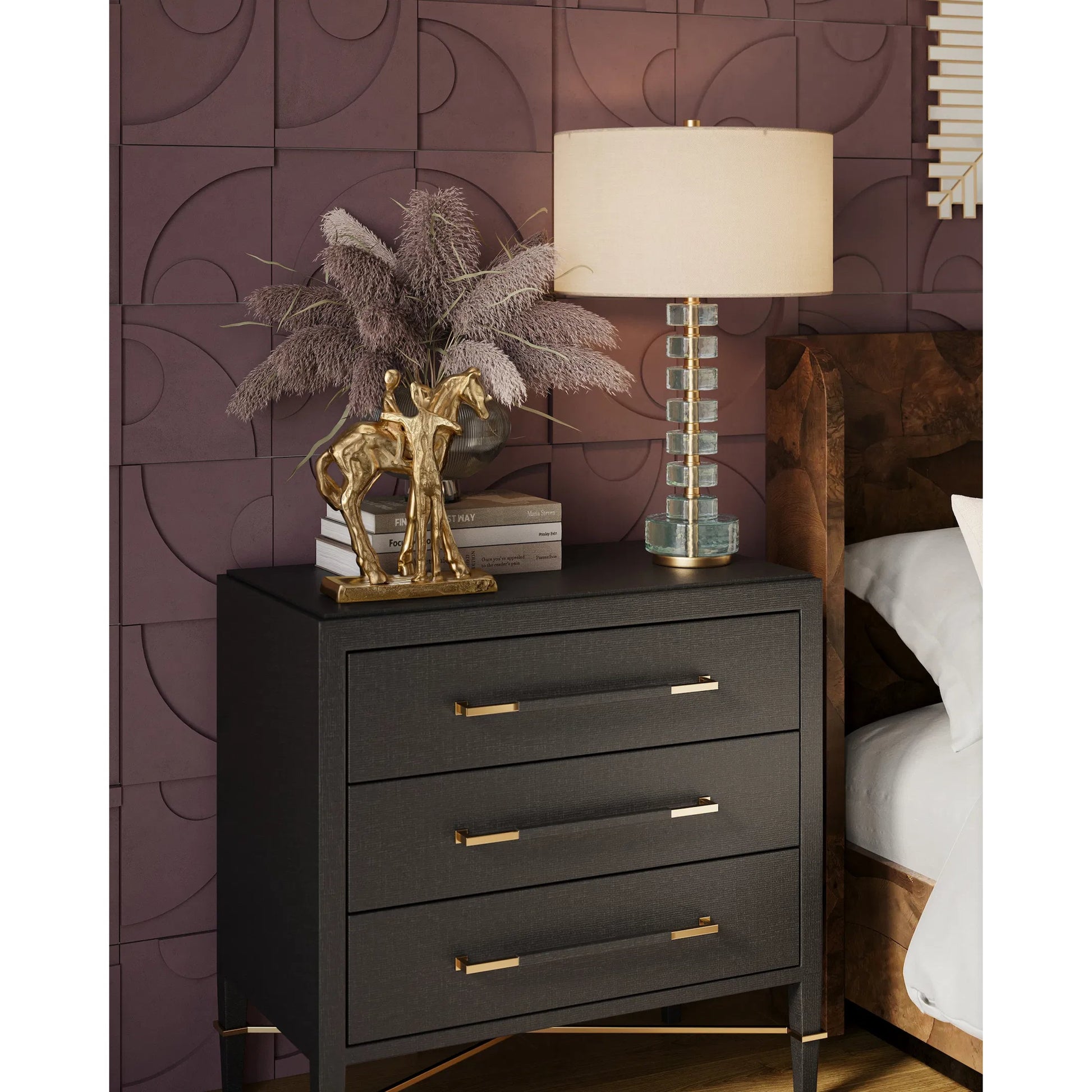 Mystras Table Lamp by Currey and Company in clear, antique brass. Made from cast glass, iron in a modern style.