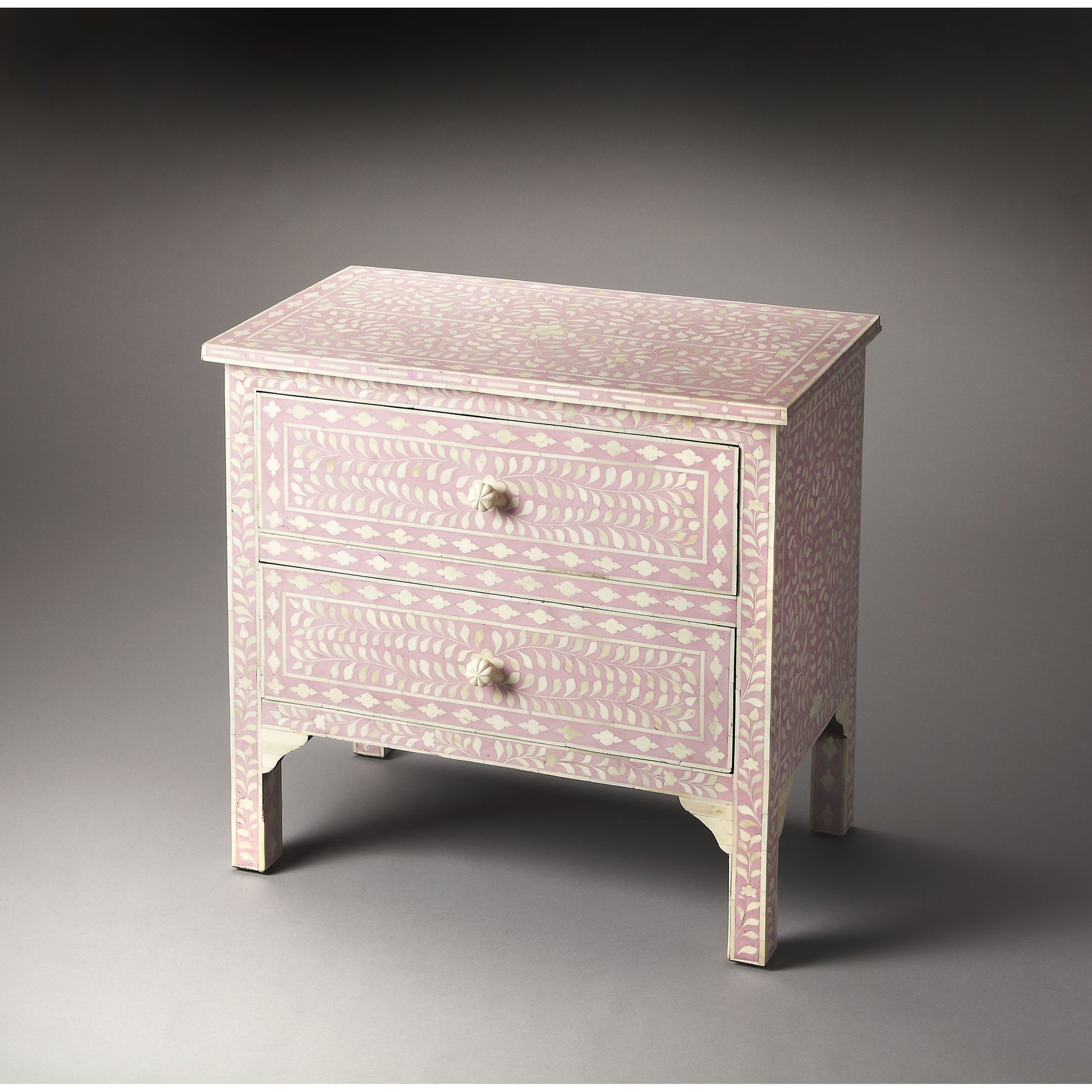 Vivienne Pink Bone Inlay Accent Chest by Butler Specialty Company in pink and heritage. Made from select wood solids, mdf, bone in a modern style.