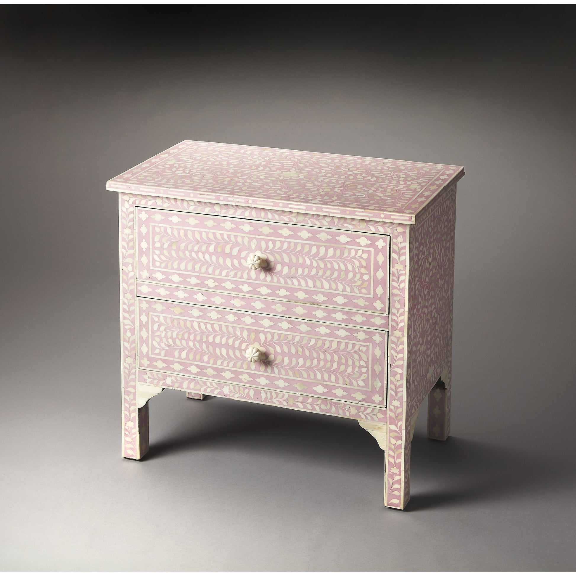 Vivienne Pink Bone Inlay Accent Chest by Butler Specialty Company in pink and heritage. Made from select wood solids, mdf, bone in a modern style.