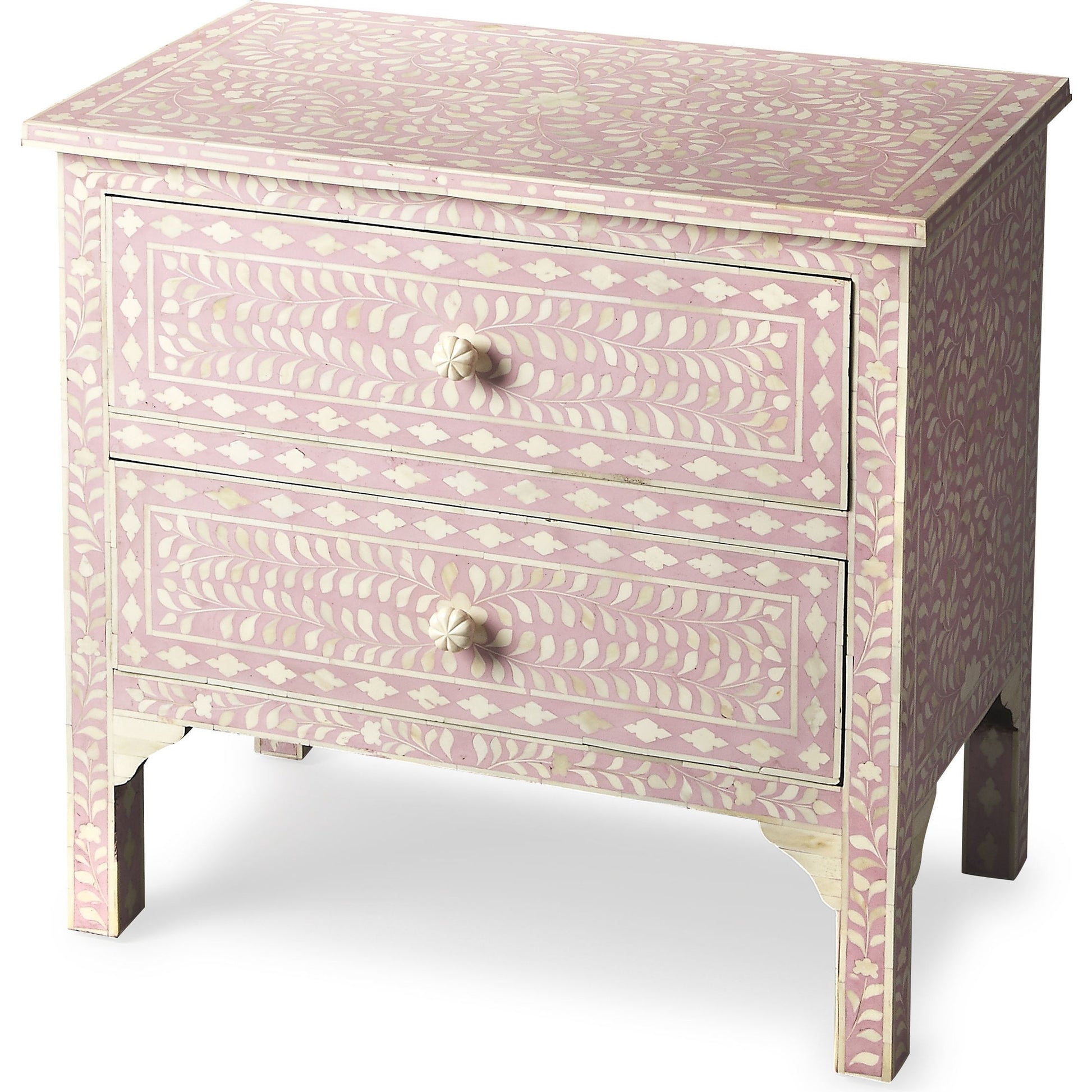 Vivienne Pink Bone Inlay Accent Chest by Butler Specialty Company in pink and heritage. Made from select wood solids, mdf, bone in a modern style.