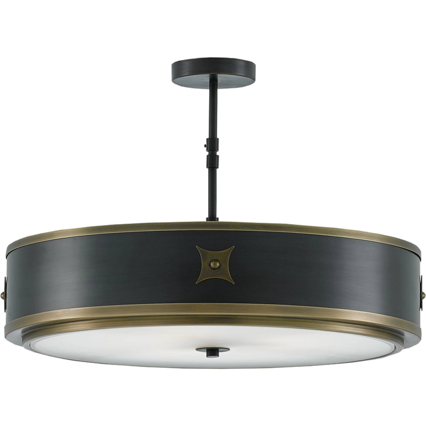 003 S-223637 | Primary Silo | Huntsman Semi-Flush Mount by Currey and Company in satin black, antique brass, white. Made from brass, glass in a modern style.