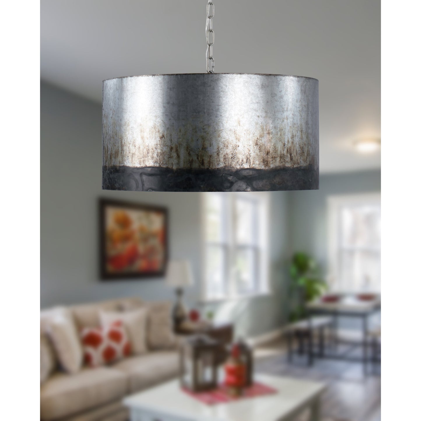 003 SR-817632 | Lifestyle | Cannery Drum Pendant by Varaluz in ombre galvanized. Made from ombre galvanized in a modern style.