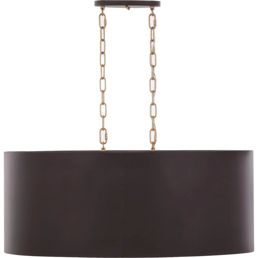 Cannery 6 Light Oval/Linear Pendant by Varaluz in bronze, brown. Made from galvanized steel in a unique style.