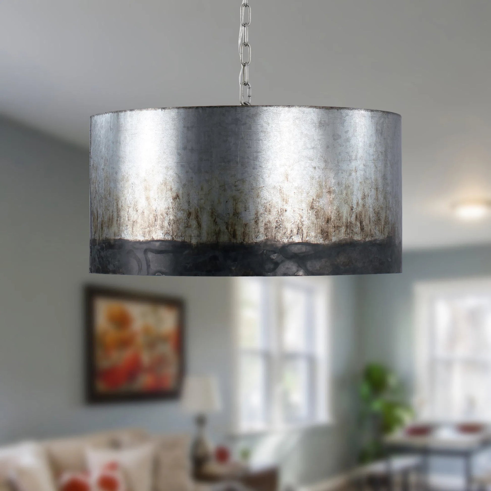 Cannery Drum Pendant by Varaluz in ombre galvanized. Made from ombre galvanized in a modern style.